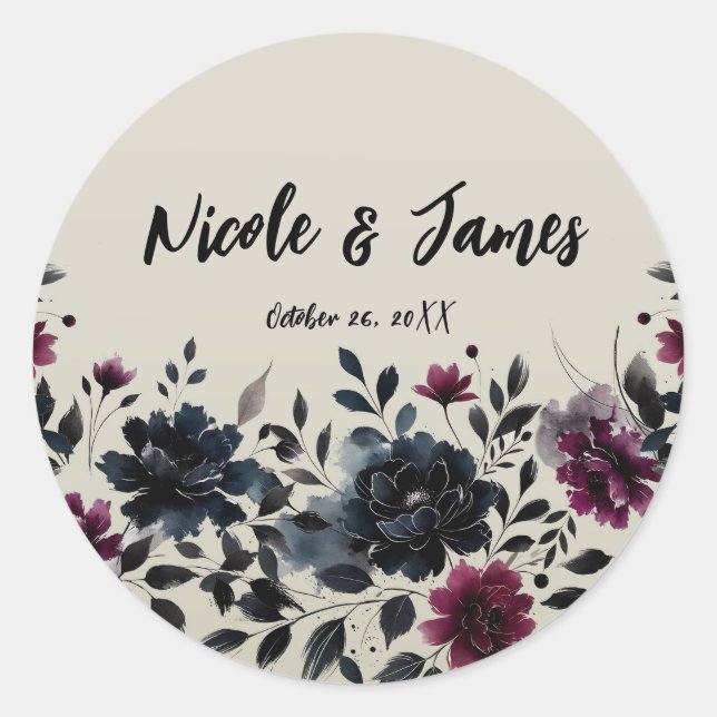 Midnight Blue Burgundy Inky Floral Almond Wedding Classic Round Sticker (Front)