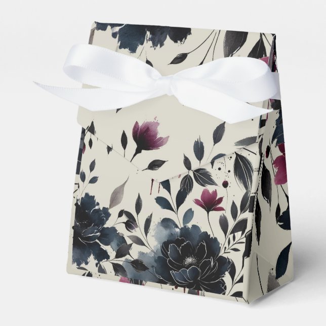 Midnight Blue Burgundy Inky Floral Almond Wedding Favour Box (Front Side)