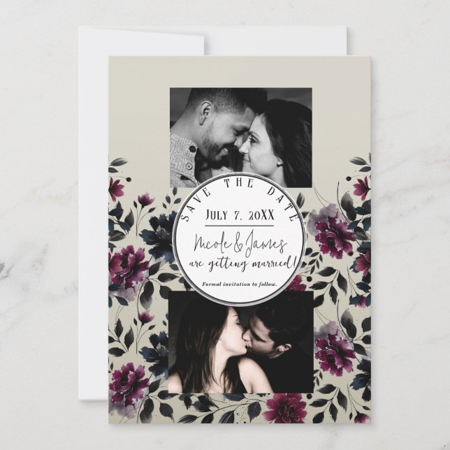 Midnight Blue Burgundy Inky Floral Almond Wedding Invitation (Front)