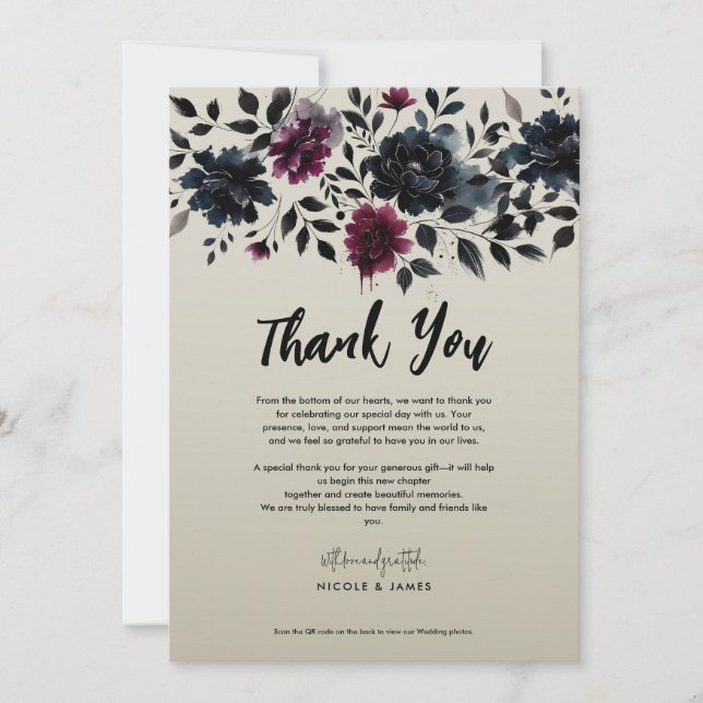 Midnight Blue Burgundy Inky Floral Almond Wedding Invitation (Front)