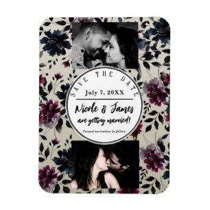 Midnight Blue Burgundy Inky Floral Almond Wedding Magnet