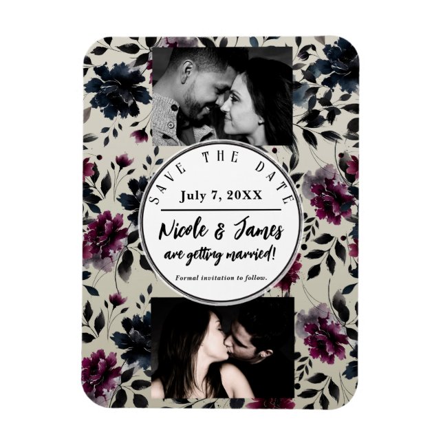 Midnight Blue Burgundy Inky Floral Almond Wedding Magnet (Vertical)
