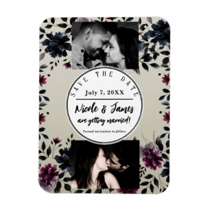 Midnight Blue Burgundy Inky Floral Almond Wedding Magnet