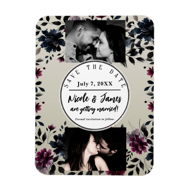 Midnight Blue Burgundy Inky Floral Almond Wedding Magnet (Vertical)