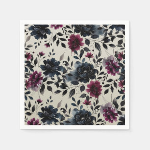 Midnight Blue Burgundy Inky Floral Almond Wedding Napkin