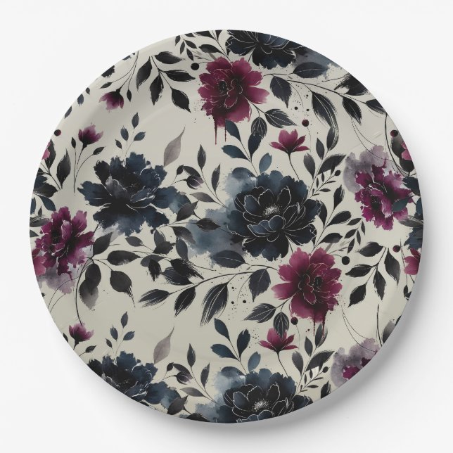 Midnight Blue Burgundy Inky Floral Almond Wedding Paper Plate (Front)