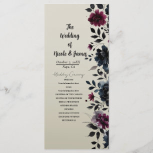 Midnight Blue Burgundy Inky Floral Almond Wedding Program