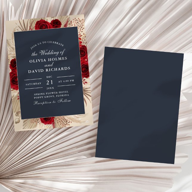 Midnight Blue Burgundy Roses Wedding Invitation (Midnight Blue Burgundy Roses Wedding Invitation on a sunny white dry palm leaf.)