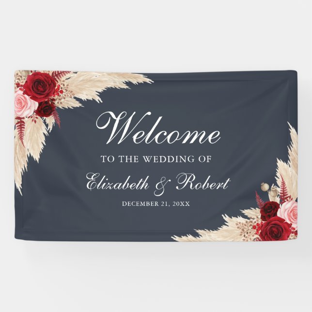 Midnight Blue Burgundy Roses Welcome Wedding Banner (Horizontal)