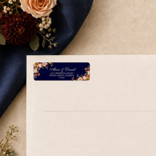 Midnight Blue Burnt Orange Floral Wedding Return Address Label