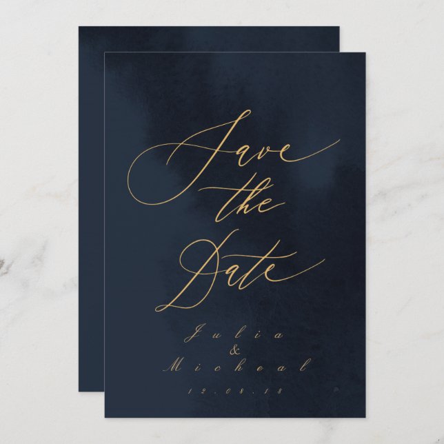 Midnight Blue Calligraphy Wedding Save The Date Invitation (Front/Back)