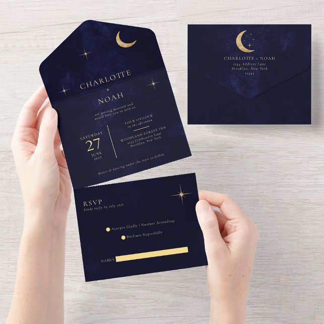 Midnight Blue Celestial Gold Moon Stars Wedding All In One Invitation (Creator Uploaded)