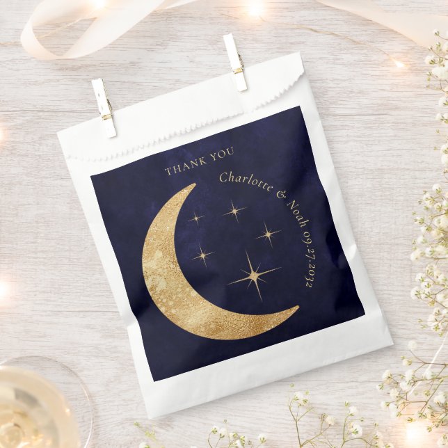 Midnight Blue Celestial Gold Moon Stars Wedding Favour Bag (Clipped)