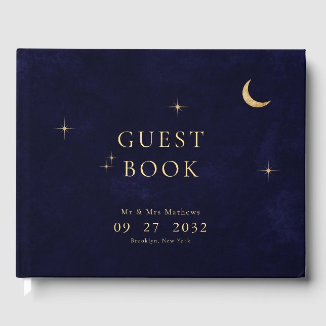 Midnight Blue Celestial Gold Moon Stars Wedding Guest Book (Front)