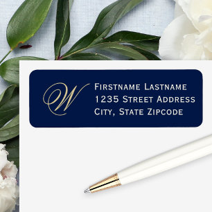 Midnight Blue Champagne Script Monogram Address Return Address Label