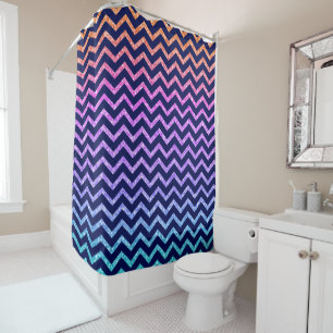 Midnight-Blue Chevron & Colourful Glitter Texture Shower Curtain