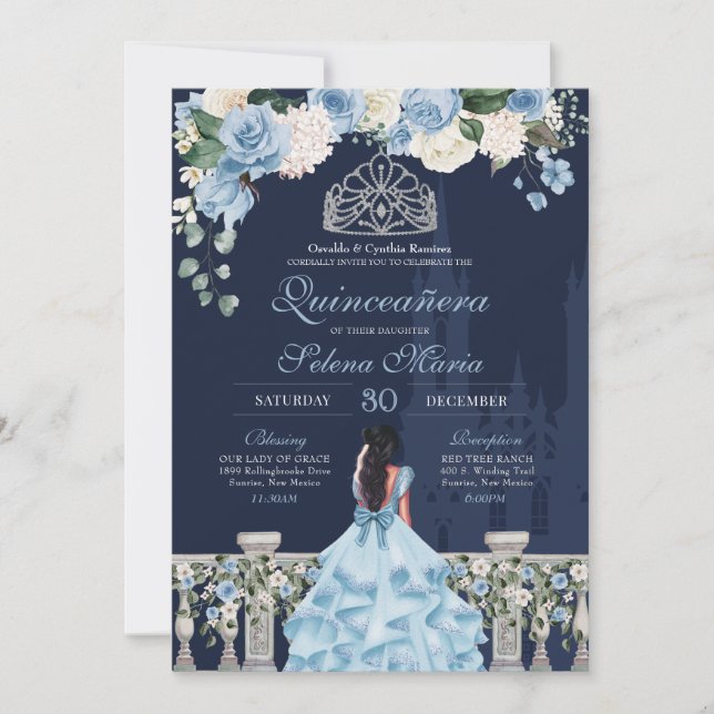 Midnight Blue Cinderella Princess Quinceañera Invitation (Front)