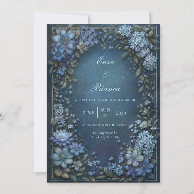 Midnight Blue Clematis Gold Border Wedding Invitation (Front)