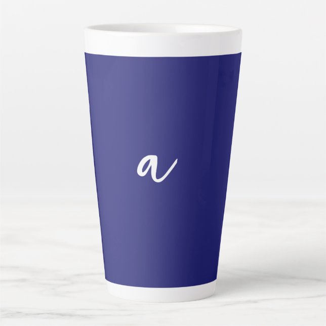Midnight Blue Colour Minimalist Plain Monogram Latte Mug (Front)