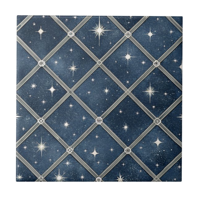 Midnight Blue Diamond Lattice - Starry Night Ceramic Tile (Front)