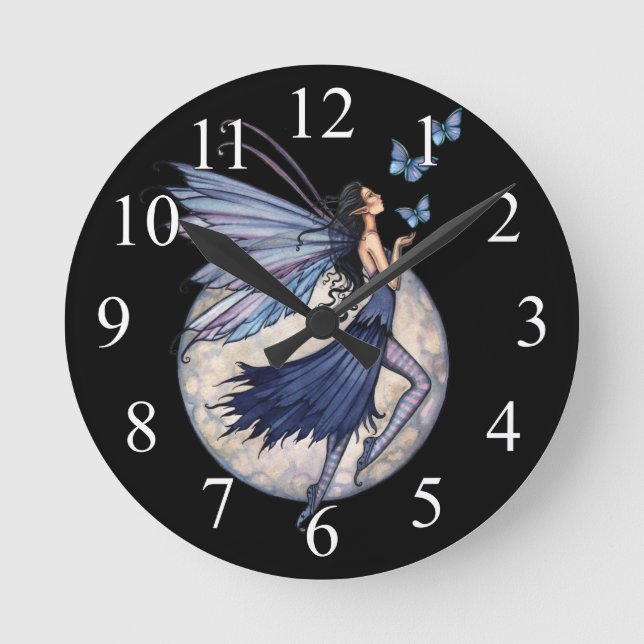 Midnight Blue Fantasy Fairy Art Wall Clock (Front)