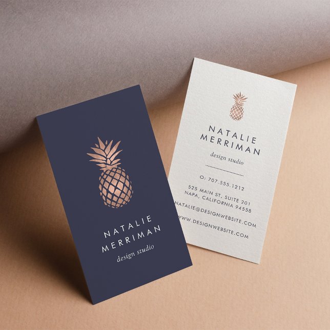 Midnight Blue & Faux Rose Gold Pineapple Vertical Business Card (Creator Uploaded)