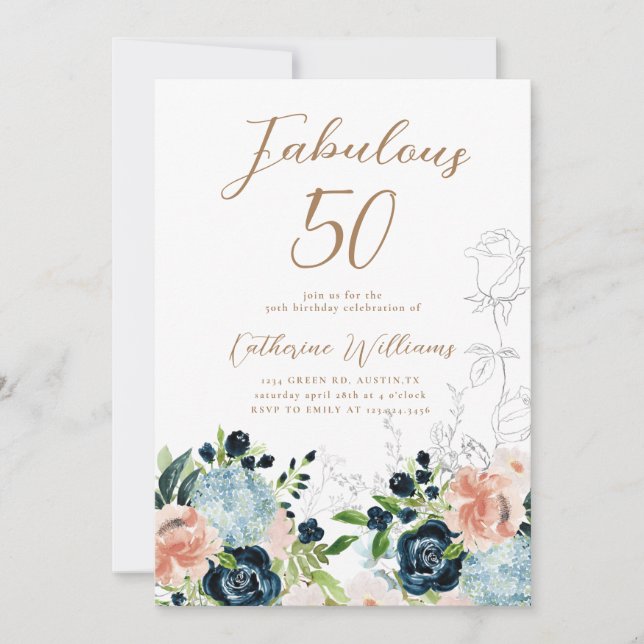Midnight Blue Floral 50th Birthday Invitation (Front)