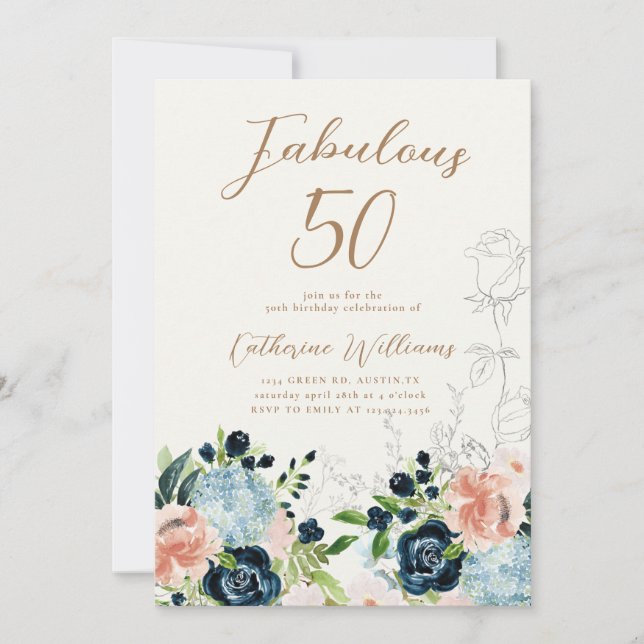 Midnight Blue Floral 50th Birthday Invitation (Front)