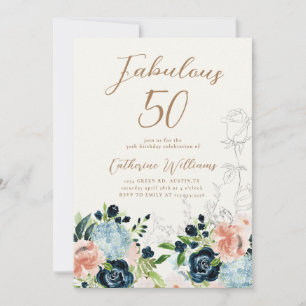 Midnight Blue Floral 50th Birthday Invitation