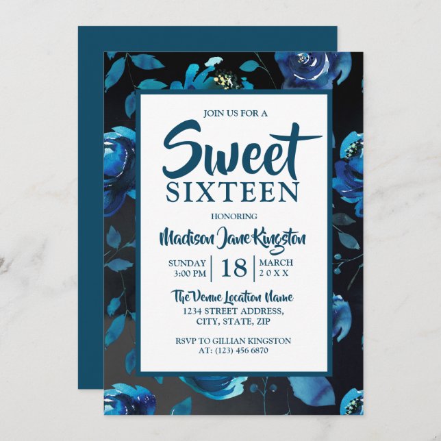 Midnight Blue Floral Black Elegant Sweet 16 Invite (Front/Back)