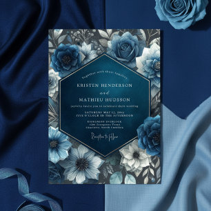 Midnight Blue Floral Bloom Wedding Invitation