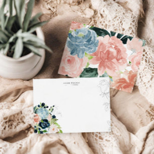 Midnight Blue Floral Blush Stationery Note Card