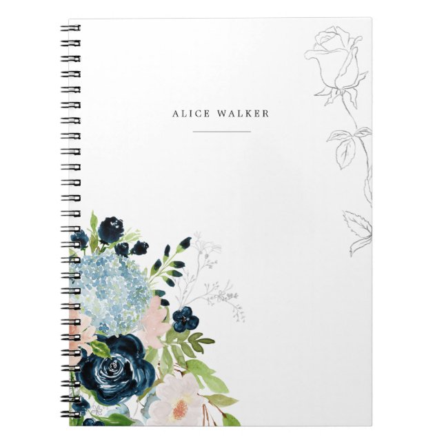 Midnight Blue Floral Blush Stationery Note Card Notebook (Front)
