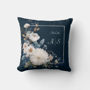 Midnight Blue Floral Elegance with White Blooms Cushion