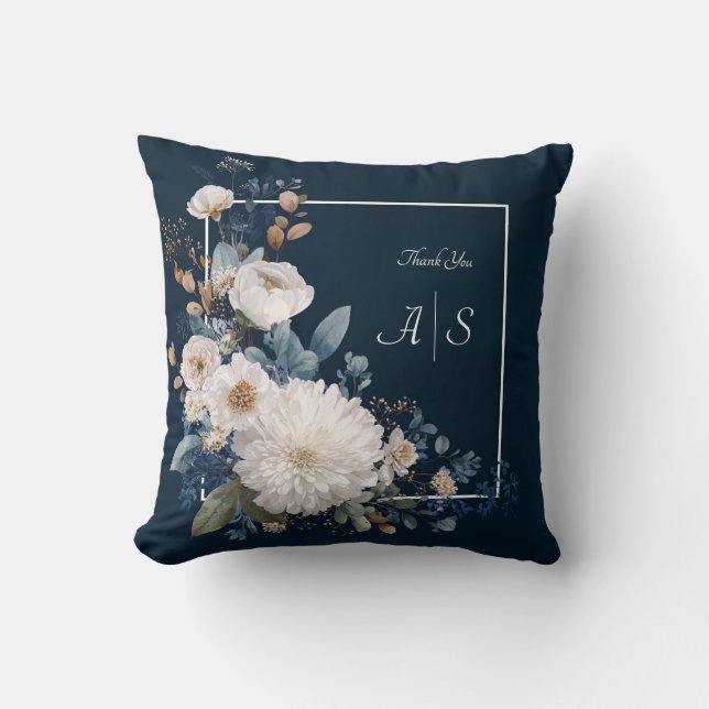 Midnight Blue Floral Elegance with White Blooms Cushion (Front)