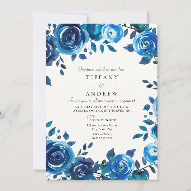 Midnight Blue Floral Engagement Party Invite (Front)