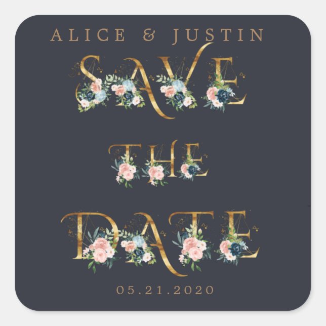 midnight blue floral gold save the date sticker (Front)