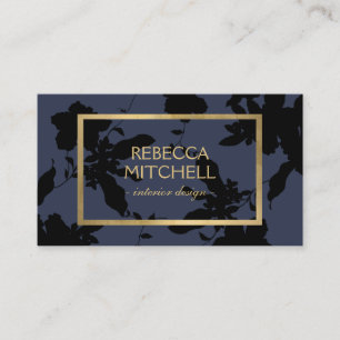 Midnight Blue Floral Pattern with Gold Accents Business Card