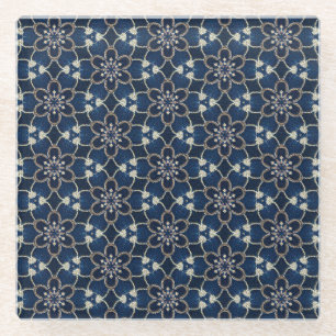Midnight Blue Flowers Pattern Glass Coaster