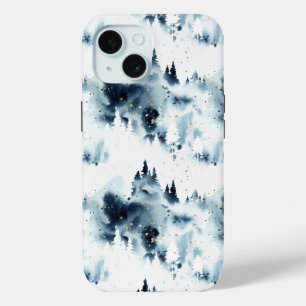Midnight Blue Forest Watercolor Pattern iPhone 15 Case