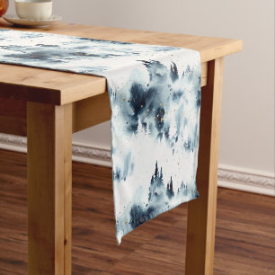 Midnight Blue Forest Watercolor Pattern Medium Table Runner