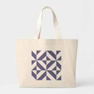 Midnight Blue Geometric Deco Cube Pattern Large Tote Bag