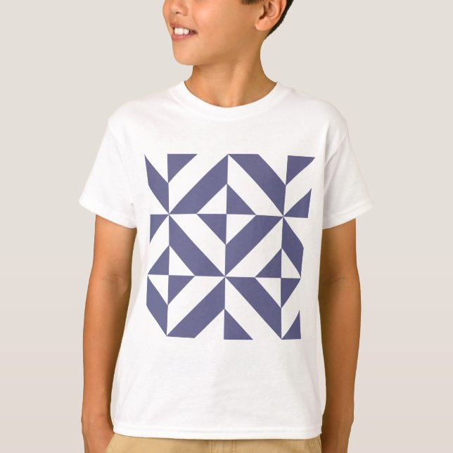 Midnight Blue Geometric Deco Cube Pattern T-Shirt (Front)