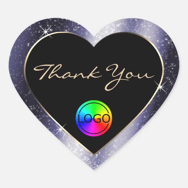 Midnight Blue Glitter Frame Thank You with Logo Heart Sticker (Front)