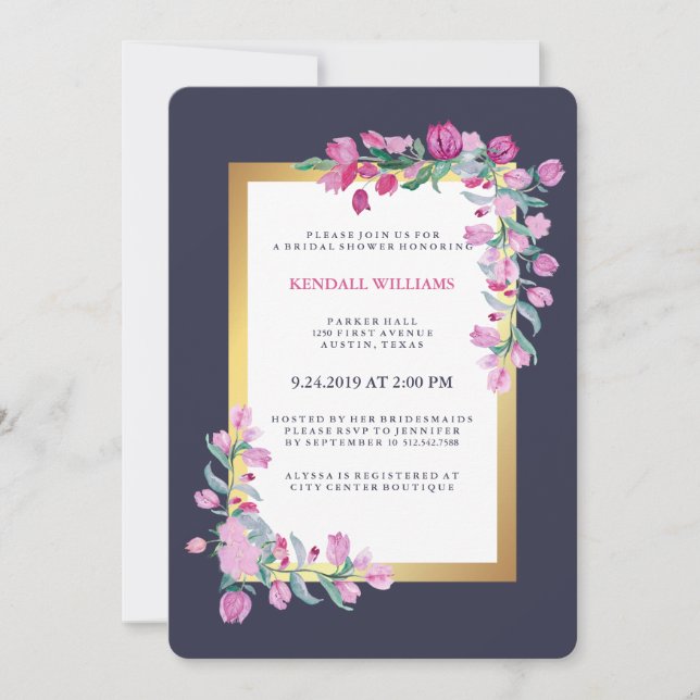 Midnight Blue, Gold and Pink Bougainvillea Flowers Invitation (Front)