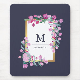 Midnight Blue, Gold and Pink Bougainvillea Flowers Mouse Pad