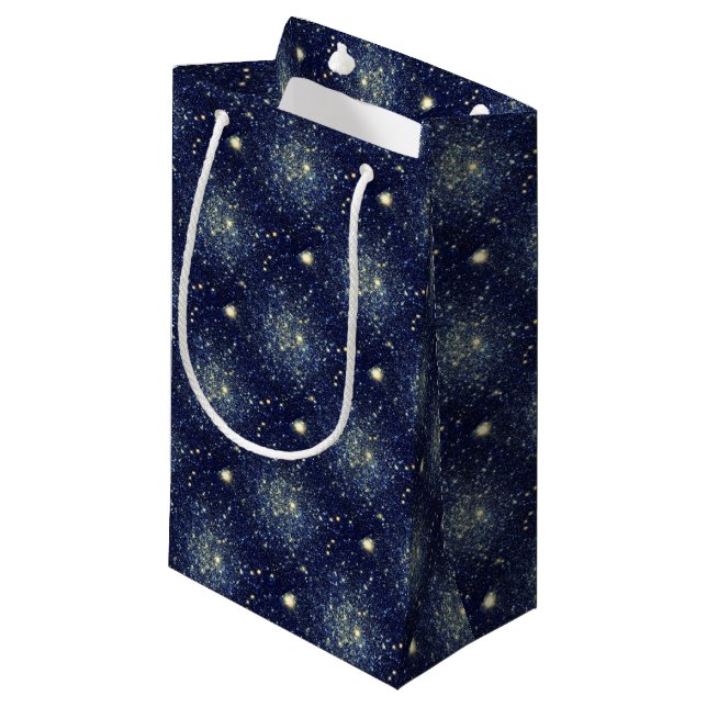 Midnight Blue & Gold Astral Glitter Stars Small Gift Bag (Front Angled)