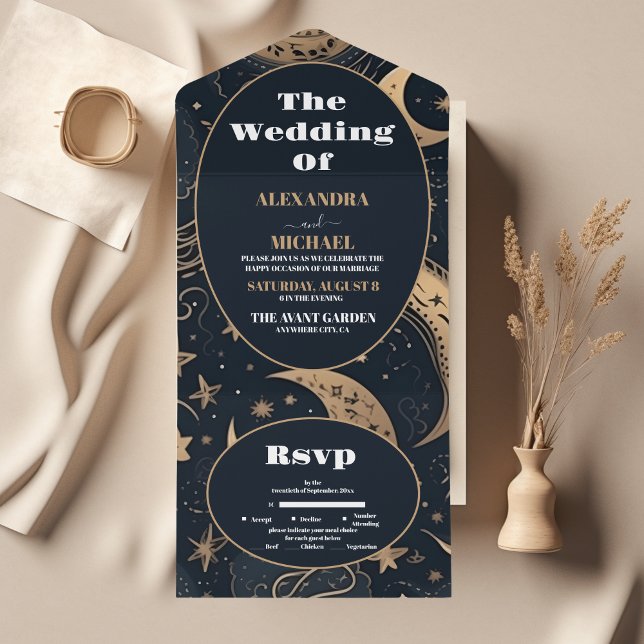 Midnight Blue Gold Celestial Wedding All In One Invitation (Creator Uploaded)