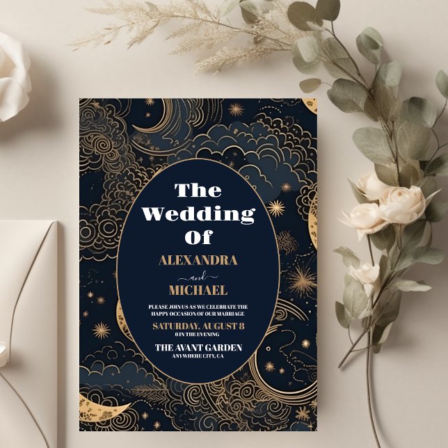 Midnight Blue Gold Celestial Wedding Invitation (Creator Uploaded)