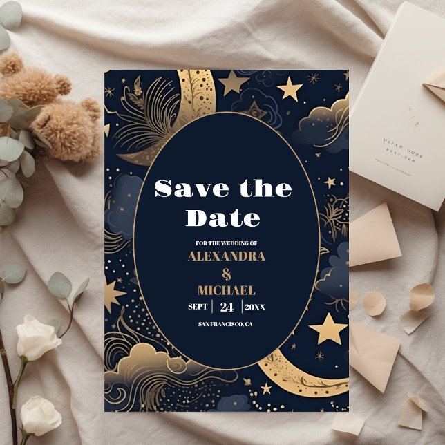 Midnight Blue Gold Celestial Wedding Save The Date (Creator Uploaded)